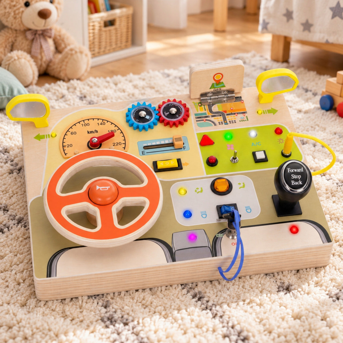 Sensory Steering Board Wooden Steering Wheel Auto LED Sounds 3+ Manufacturer code Zabawka typu Montessori, Klakson, Alfabet