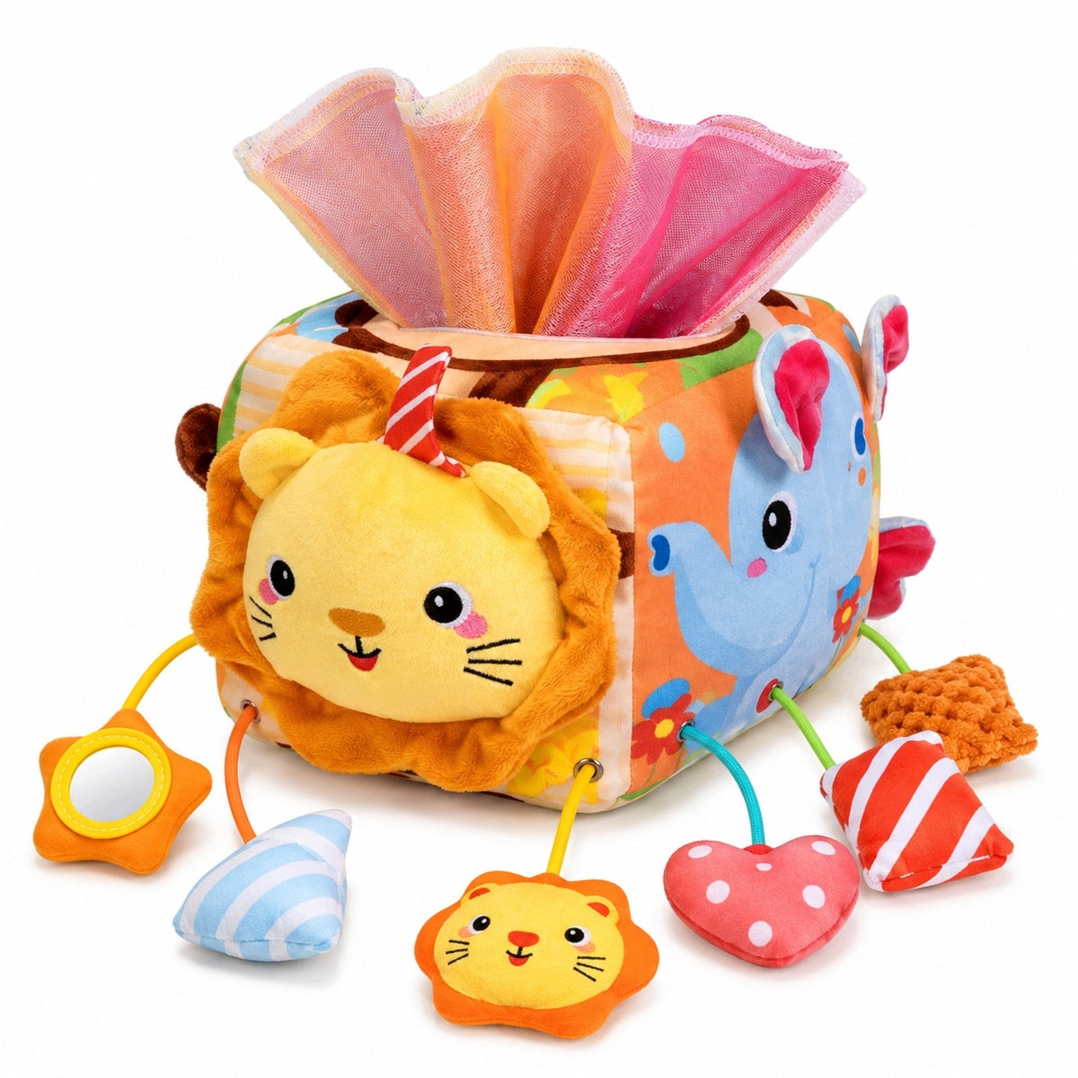 Sensory Toy 12in1 Baby Tissue Box + Teether Rattle Mirror