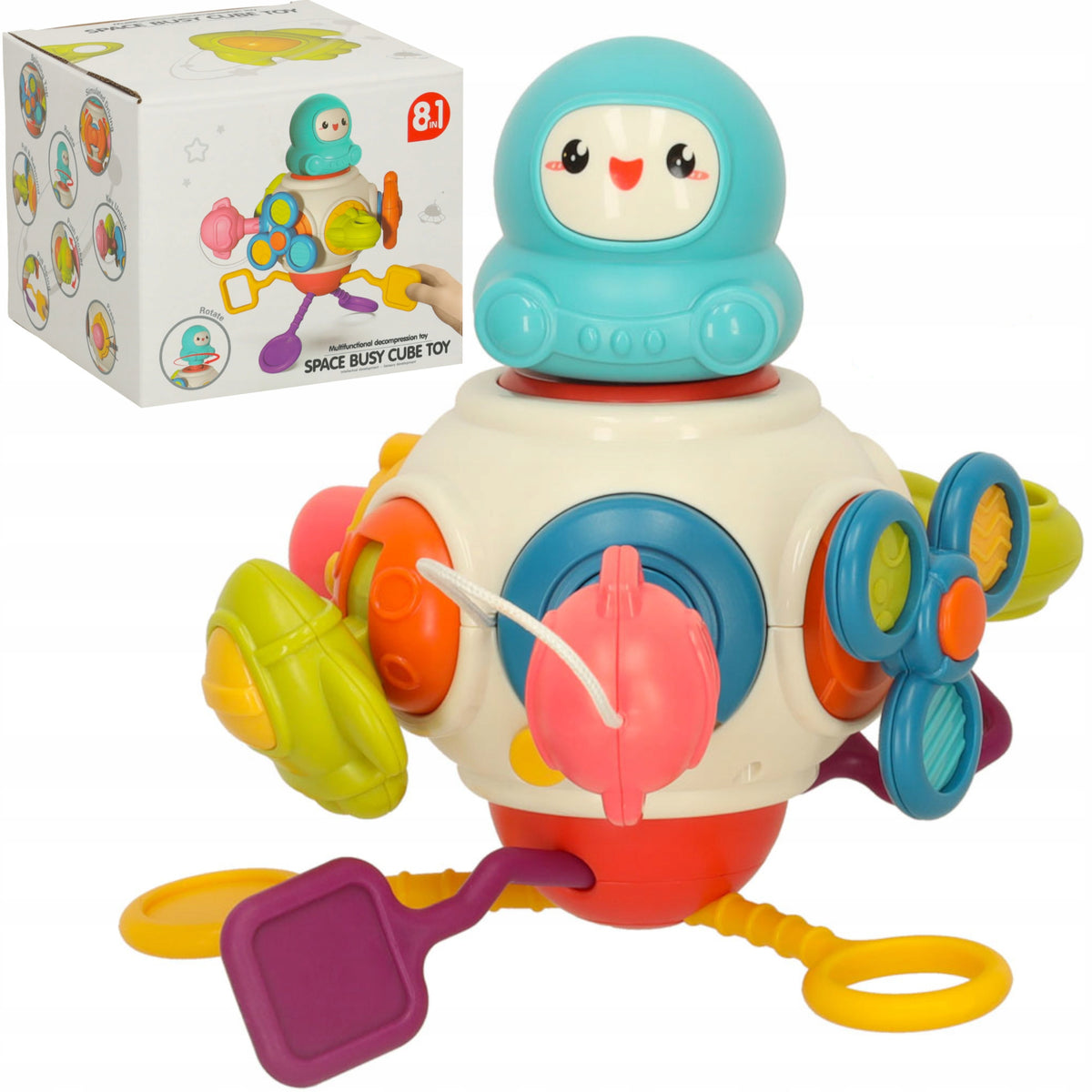Sensory cube rattle 8in1 | teether hook for stroller Packaging status original
