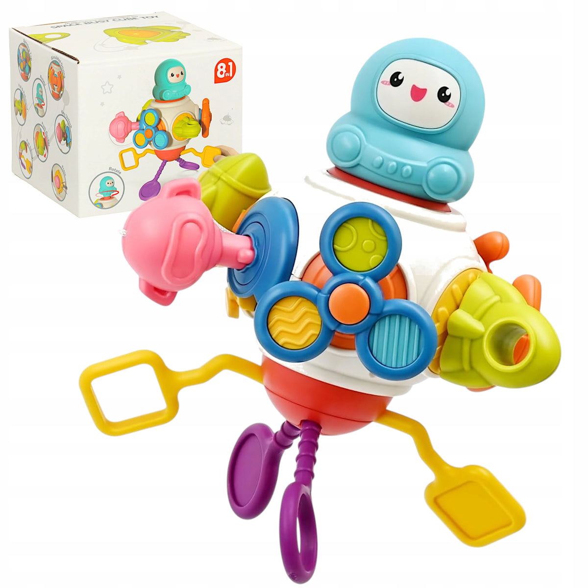 Sensory cube rattle 8in1 | teether hook for stroller