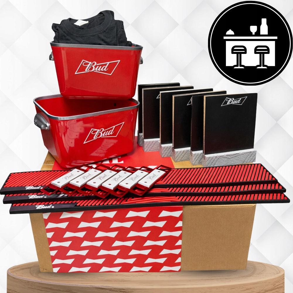 Set BUDWEISER XXL 2x Cooler ICE BUCKET T-Shirts Bar Mats Openers Packaging status original