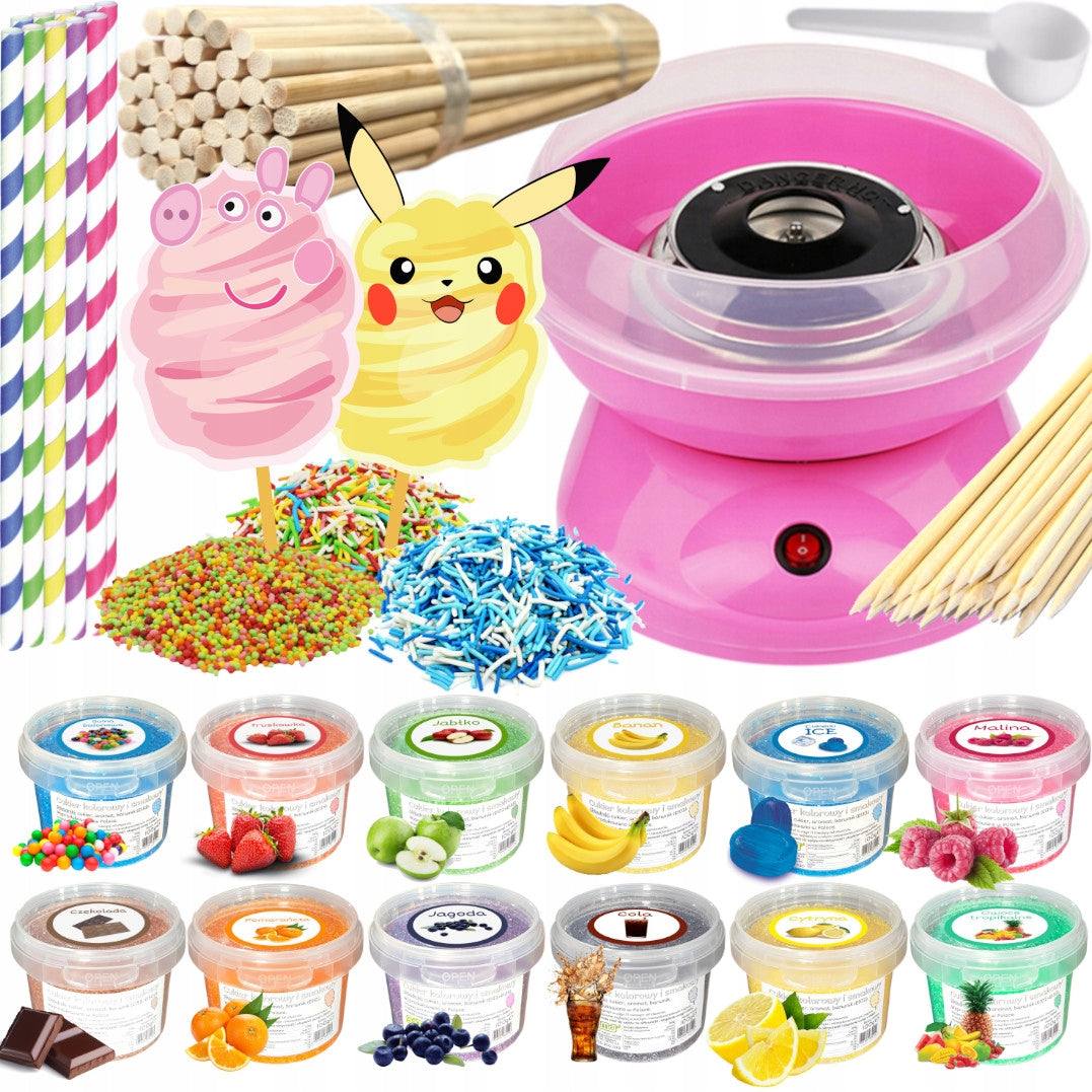 Set Cotton Candy Machine + Sugar 12x 100g Bucket+ Sticks+ Sprinkles