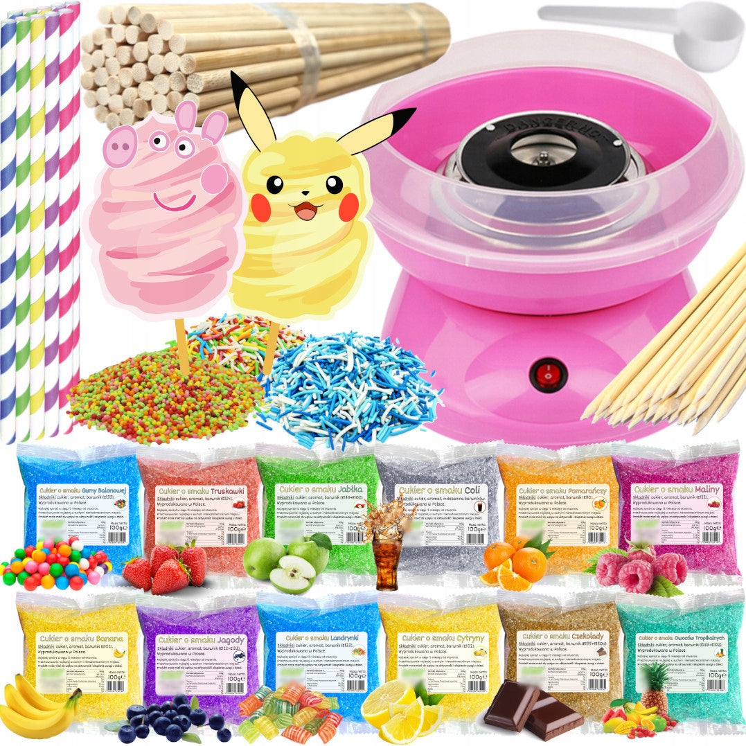 Set Cotton Candy Machine + Sugar 12x 100g Sachets + Sticks + Sprinkles