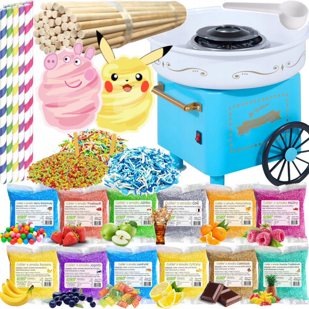 Set Cotton Candy Machine + Sugar 12x 100g Sachets+ Sticks+ Sprinkles