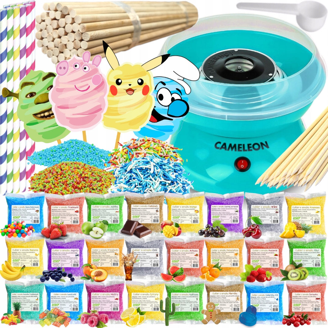 Set Cotton Candy Machine + Sugar 24x 100g Sachets+ Sticks+ Sprinkles
