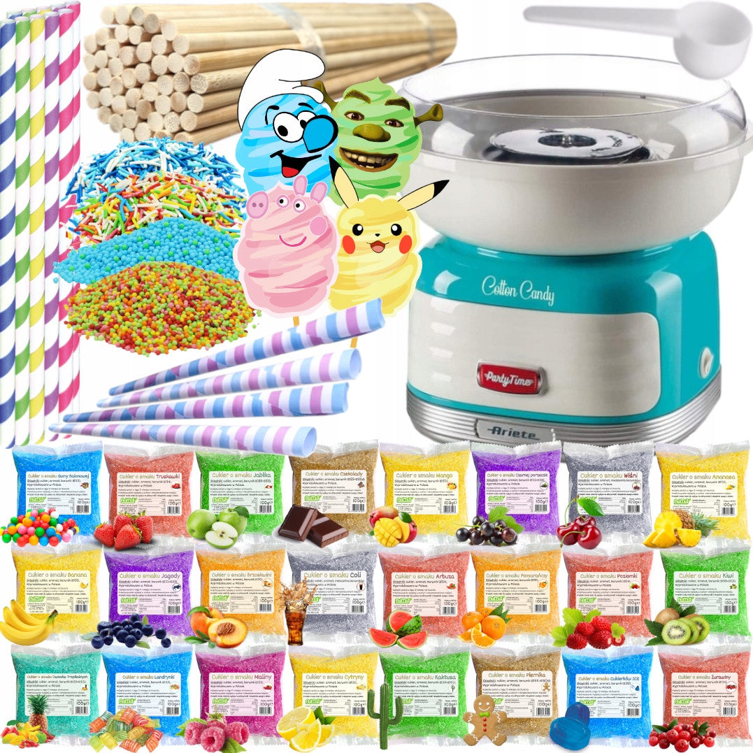Set Cotton Candy Machine + Sugar 24x 100g Sachets+ Sticks+ Sprinkles