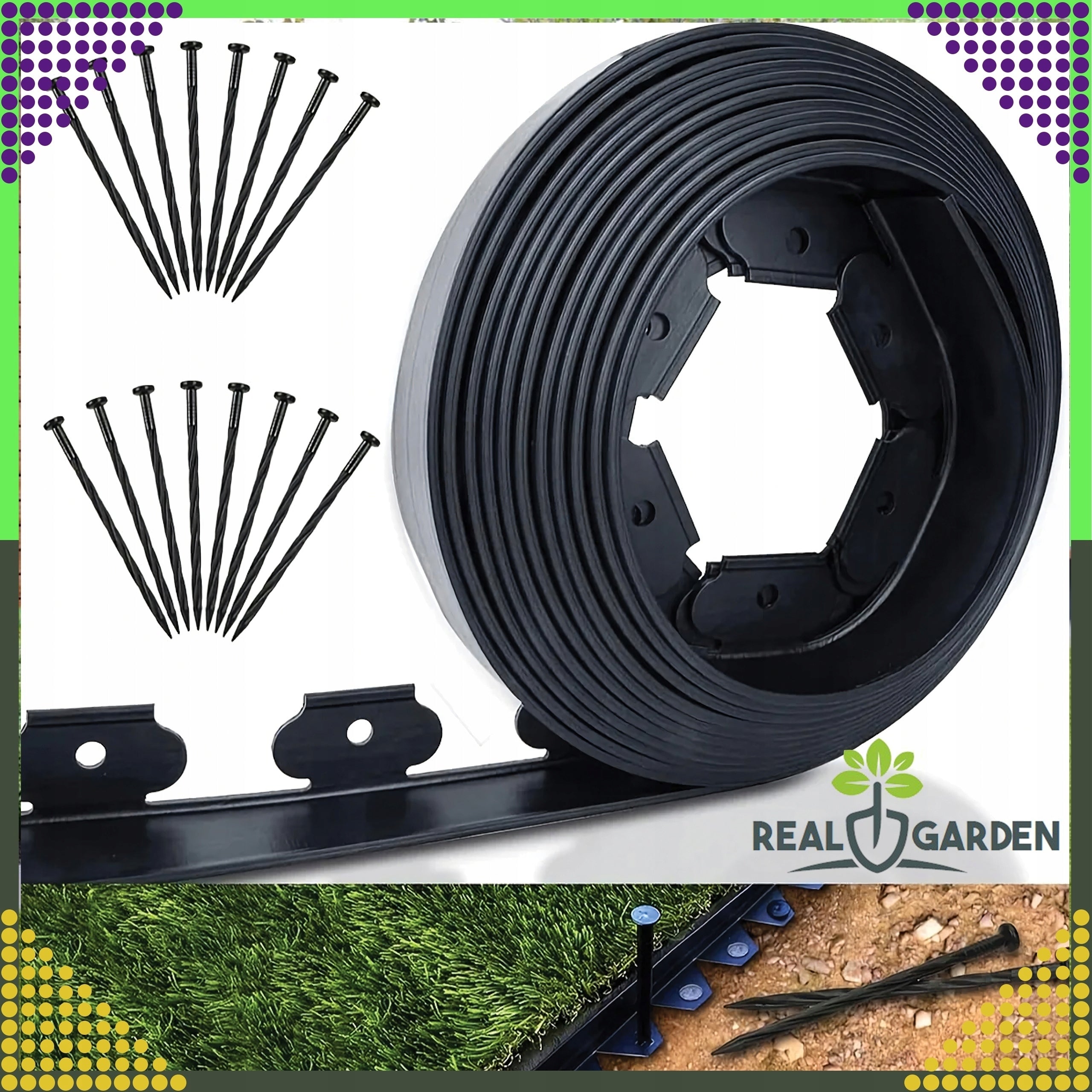 Set Garden Lawn edging 60x50x20m 60 Pins Anchors Black Manufacturer Realne Ceny