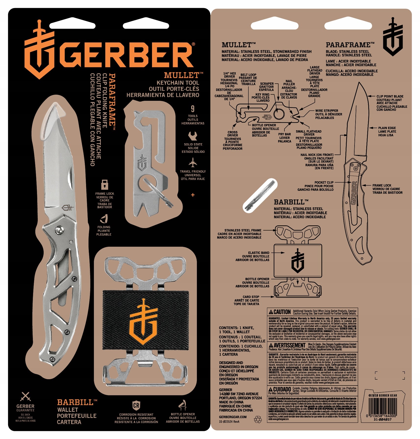 Set Gerber Paraframe Knife I + Mullet Keychain + BARBILL EDC Wallet Manufacturer code 31-003626 31-003695 barbill wallet