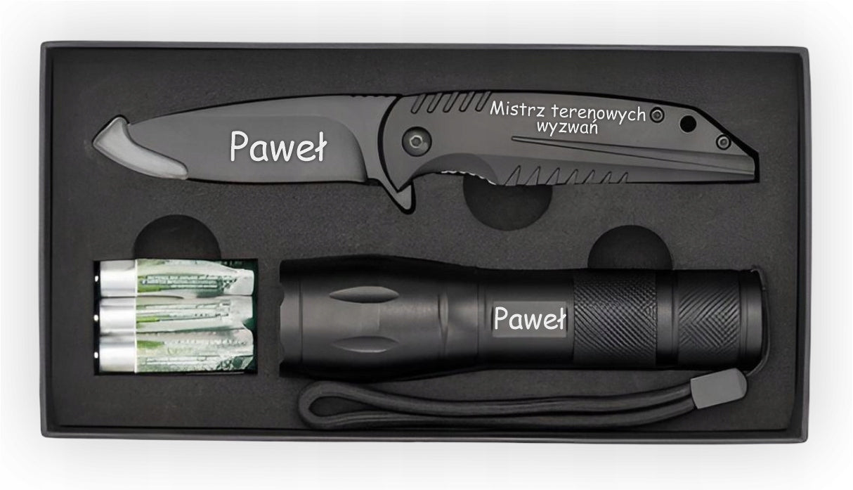Set KNIFE Black Folding LED FLASHLIGHT with ENGRAVING FREEBIE for Grandpa's Dad