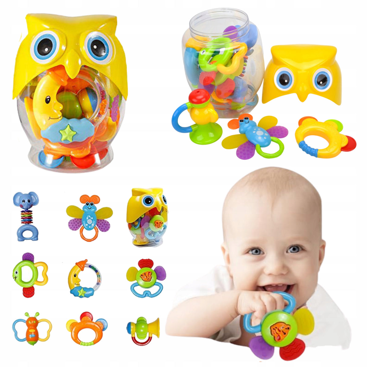 Set Rattles Owl Teethers For Infants 8el Sensory Pouch Box