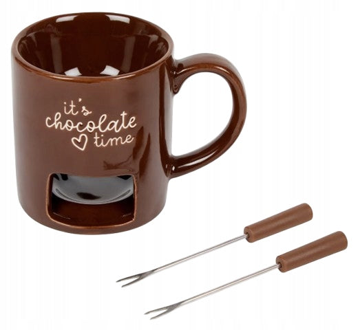 Set for Chocolate Fondue Ceramic Mug Brown 2 Forks