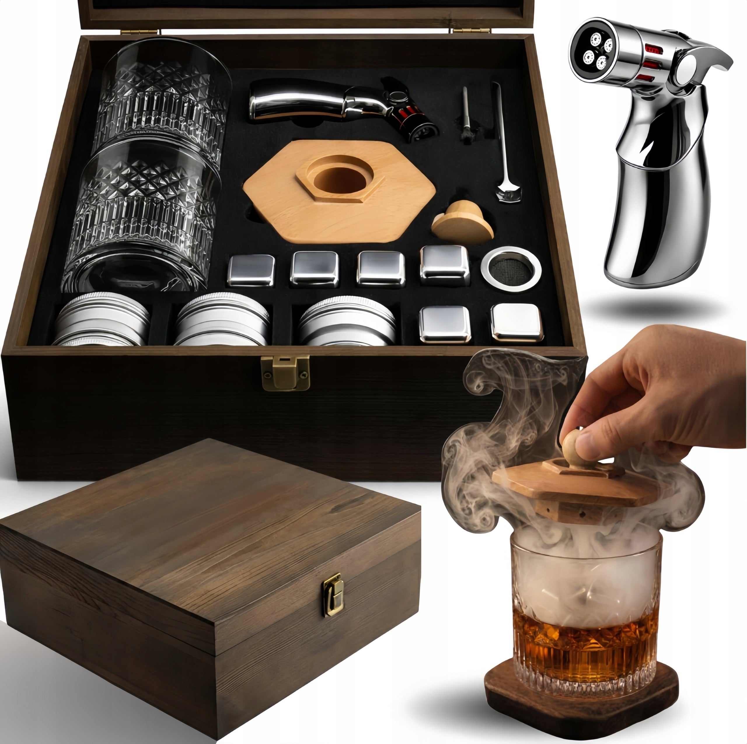 Set for Smoking Whisky XXL Burner Wooden Box 2 CUPS 6 FLAVORS