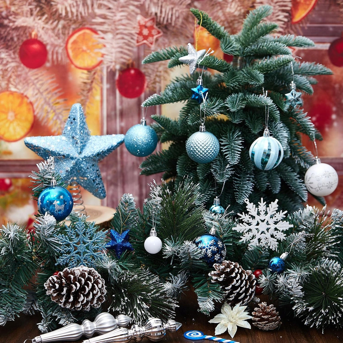 Set of 104 Blue and White Sinmoe Christmas Tree Ornaments Glitter Silver Packaging status original