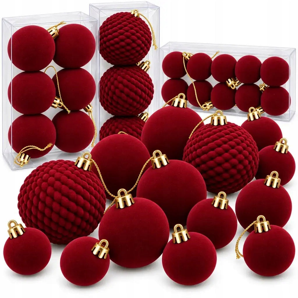 Set of 19 flocked Christmas balls 4 6 8 cm burgundy plastic