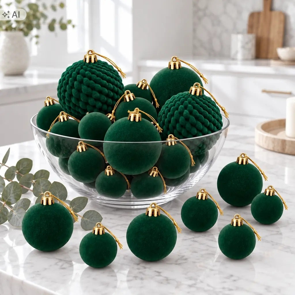 Set of 19 flocked Christmas tree baubles 4 6 8 cm braided green Packaging status original