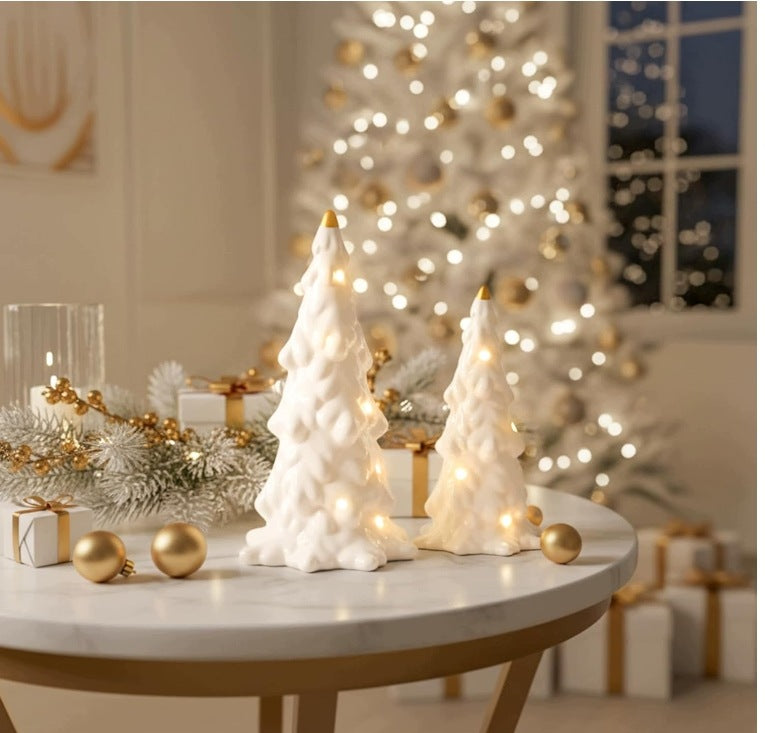 Set of 2 Ceramic Decorative Christmas Trees – White Christmas Figurines Packaging status original