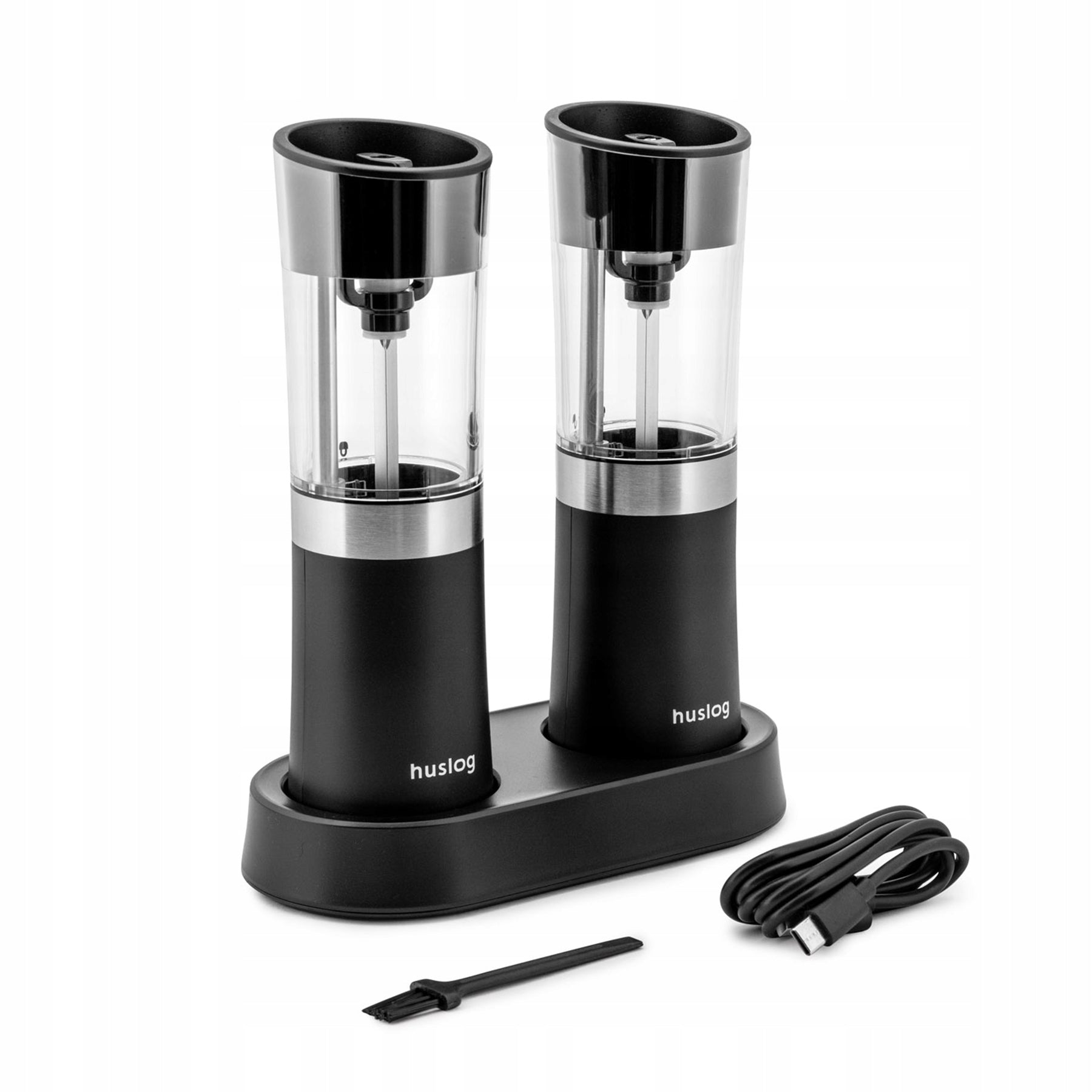 Set of 2 Salt and Pepper Grinders with Charging Station HUSLOG HUS1033 Black Packaging status original