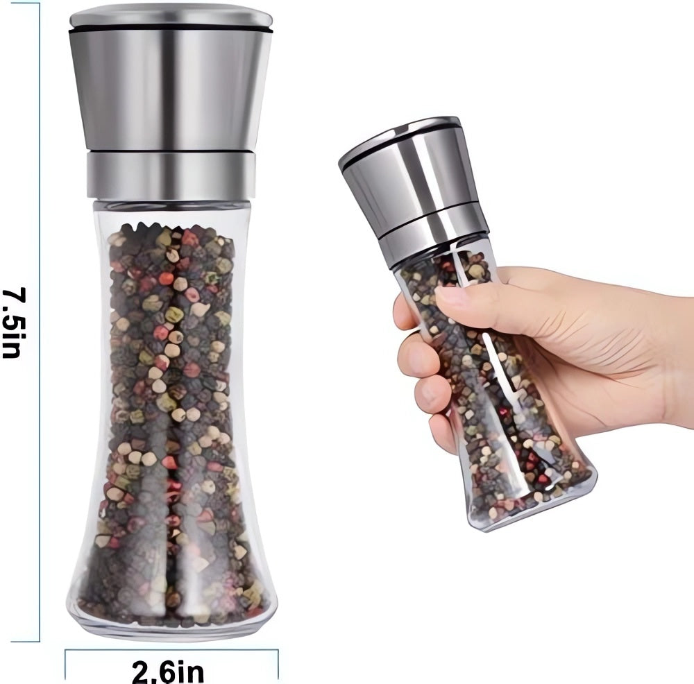 Set of 2 spice pepper grinder, glass body, stainless steel, transparent Brand no brand