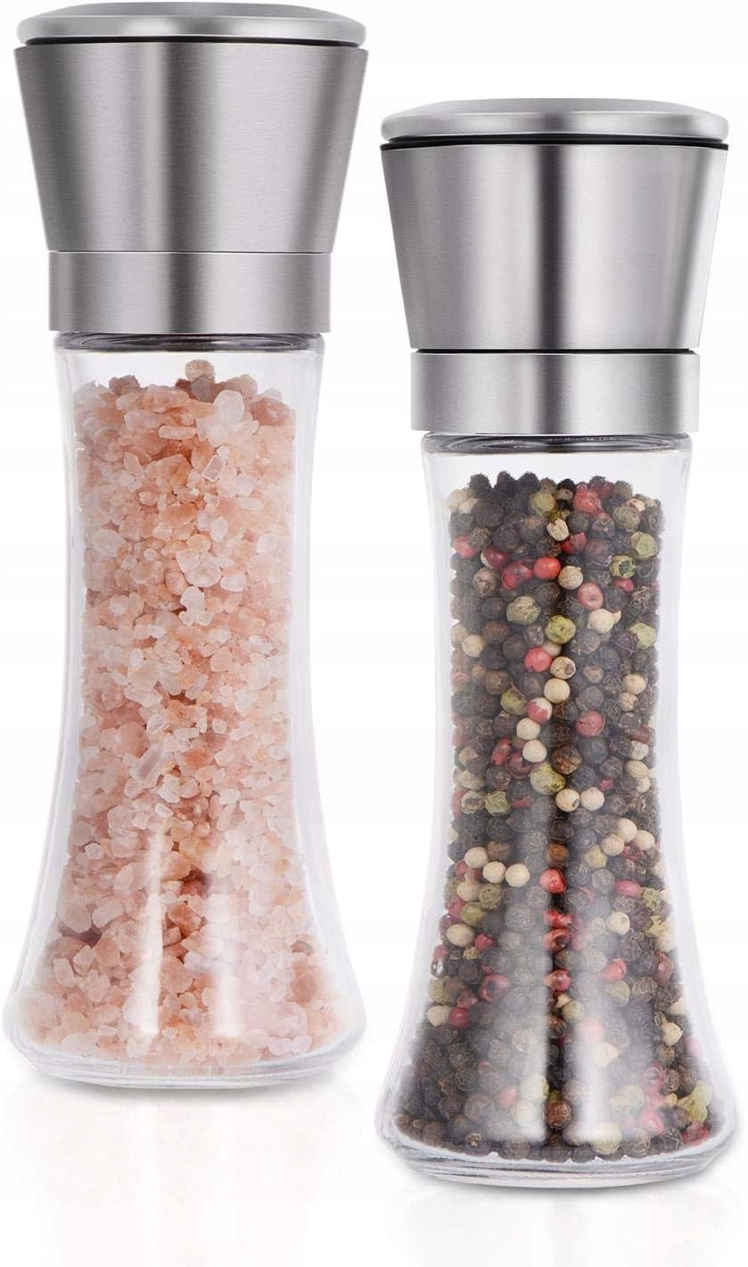 Set of 2 spice pepper grinder, glass body, stainless steel, transparent