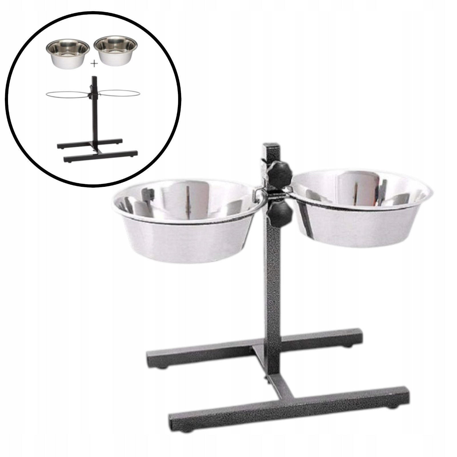 Set of 2 stainless steel bowls on adjustable stand 2 x 1,8l