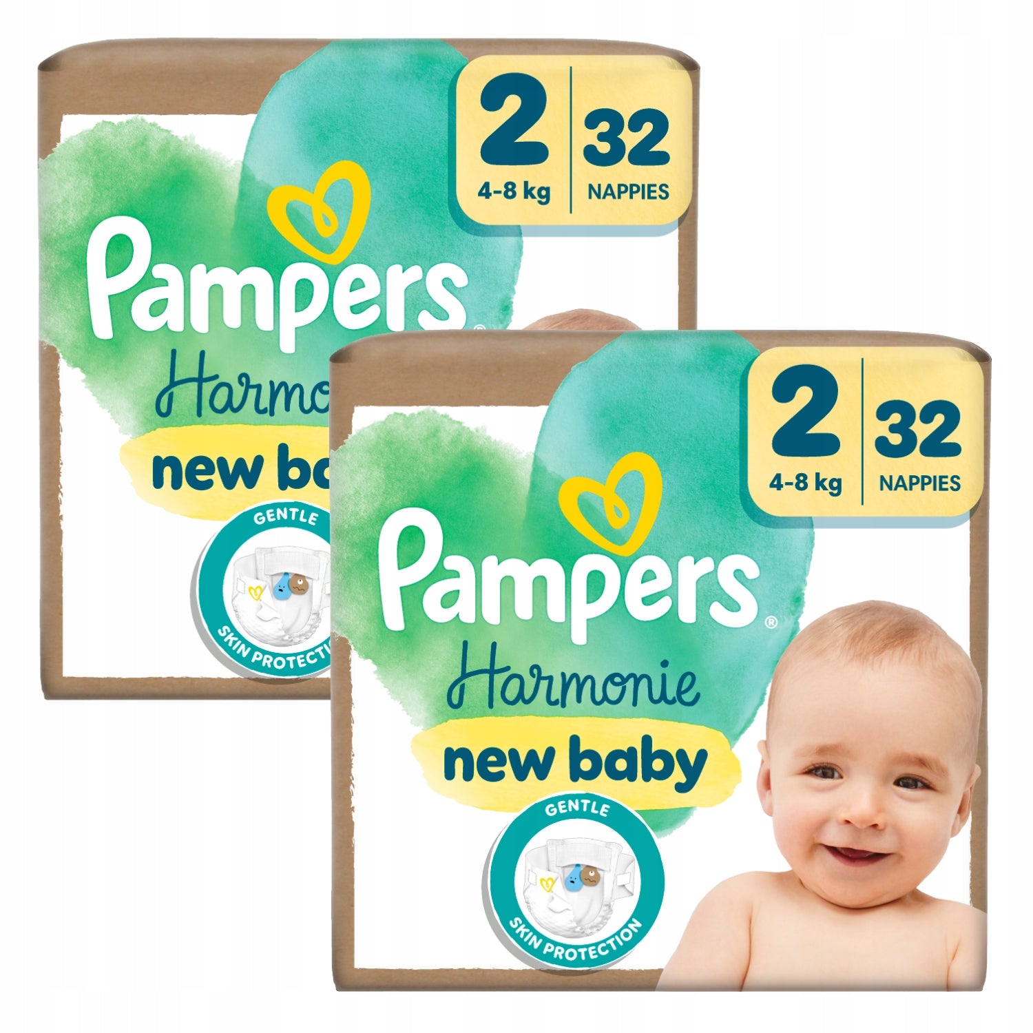 Set of 2x Pampers Harmonie New Baby Diapers, Size 2, 32 Pack, 4kg-8kg
