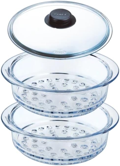 Set of 2x glass sieve steamer and 1x glass cover 20 cm Pyrex