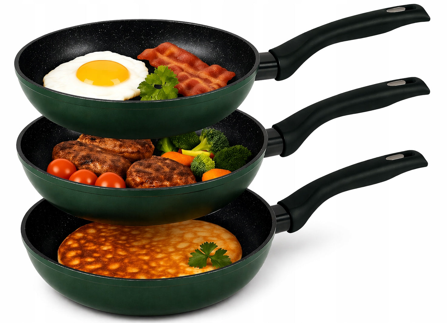 Set of 3 Marble Pans for Induction 20/24/28 cm Green