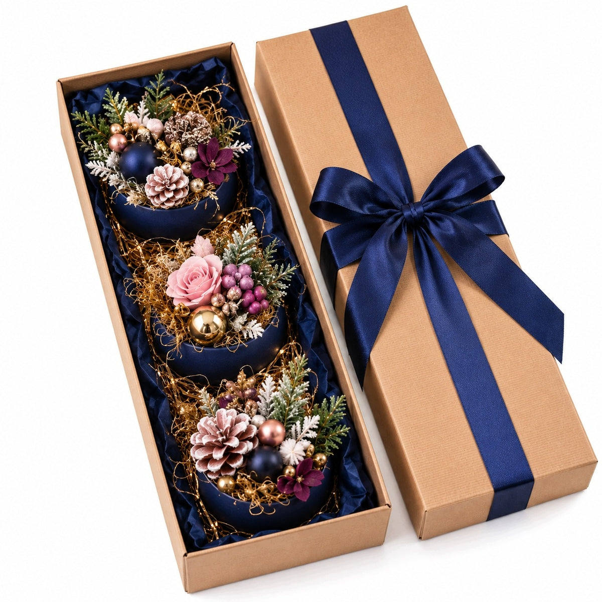 Set of 3 winter decorations in navy blue bowls Packaging status original