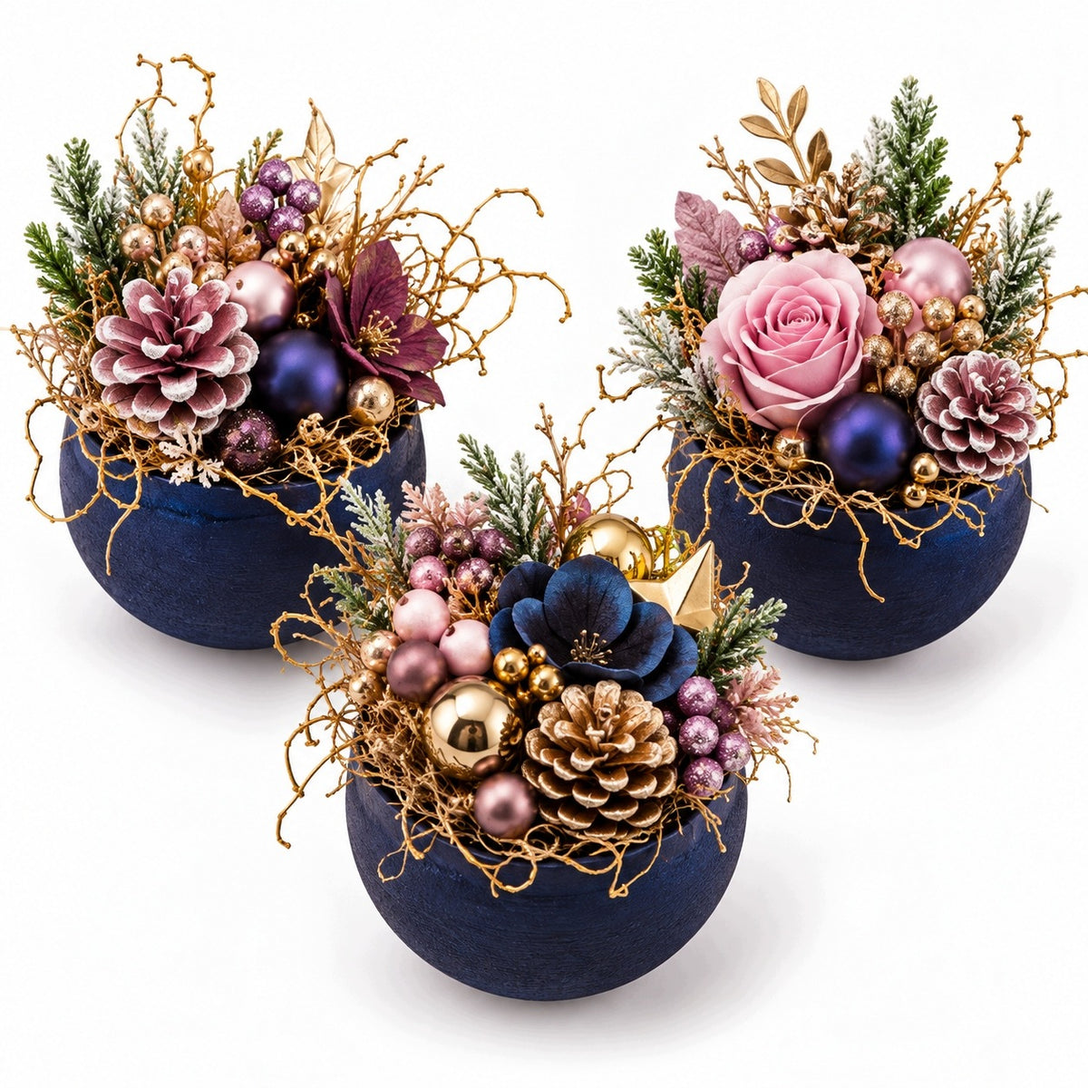 Set of 3 winter decorations in navy blue bowls
