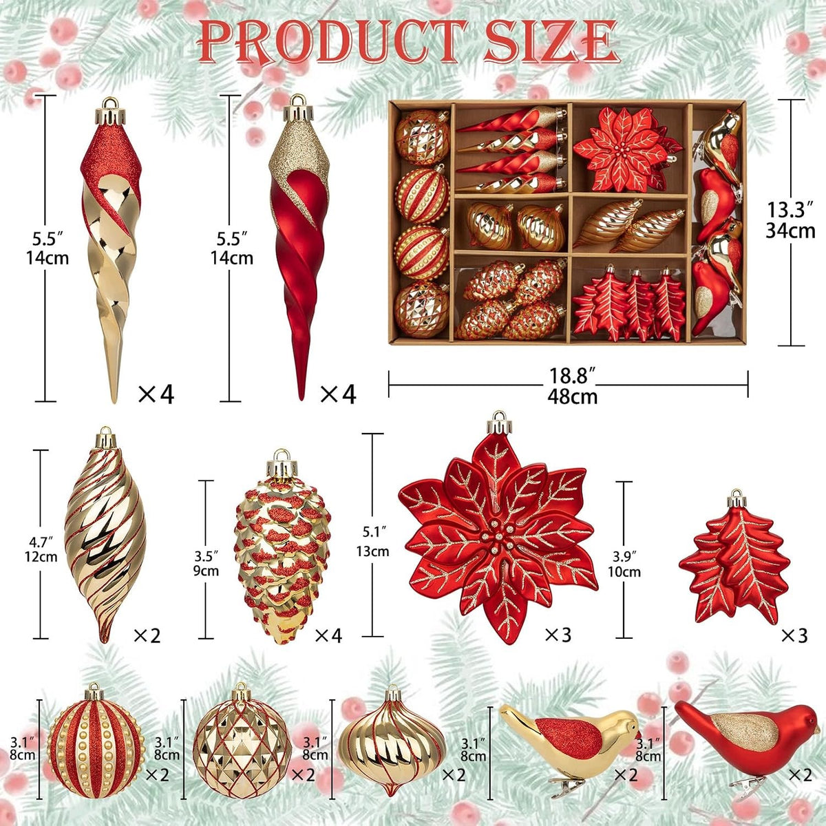 Set of 30 Christmas decorations red and gold baubles, birds, icicle cones Brand no brand