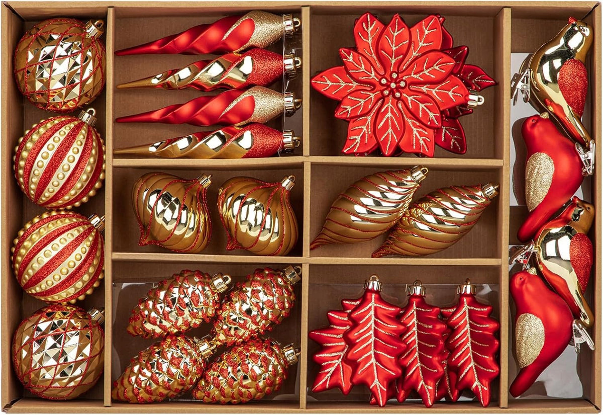 Set of 30 Christmas decorations red and gold baubles, birds, icicle cones