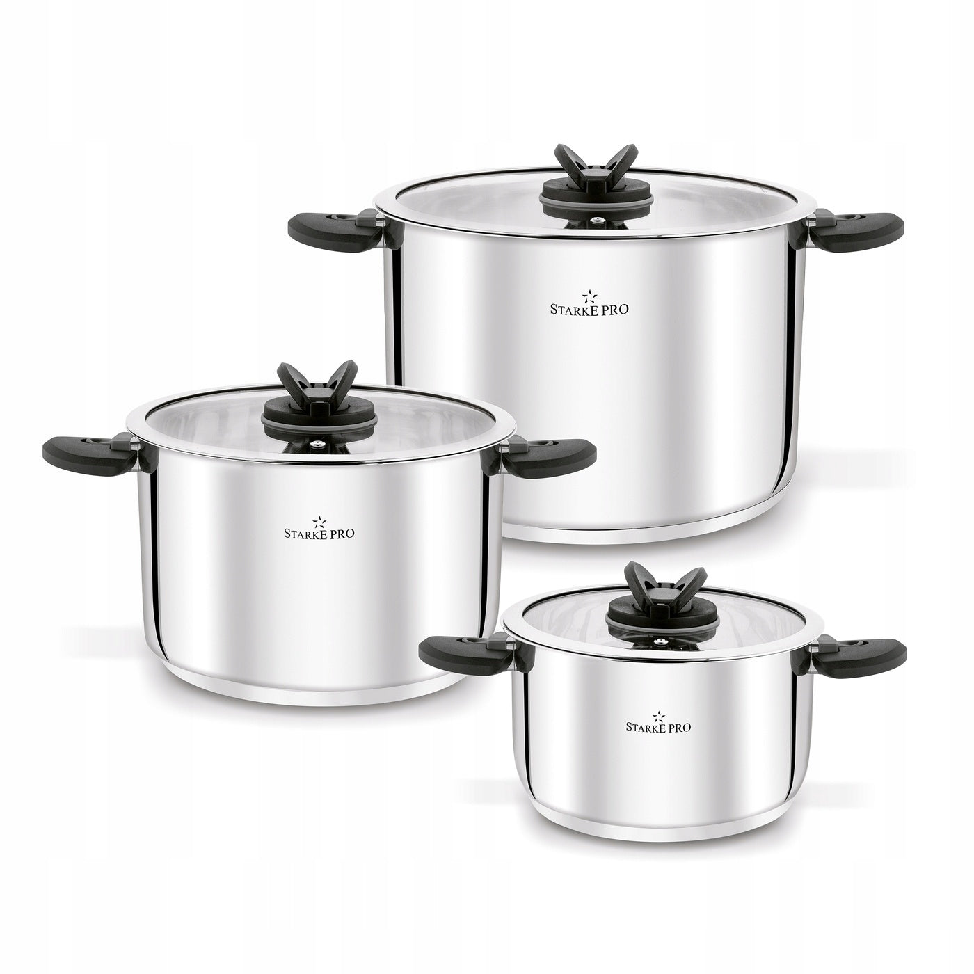 Set of 3x POT with LID Folding HANDLES INDUCTION Starke Pro Secare 6el