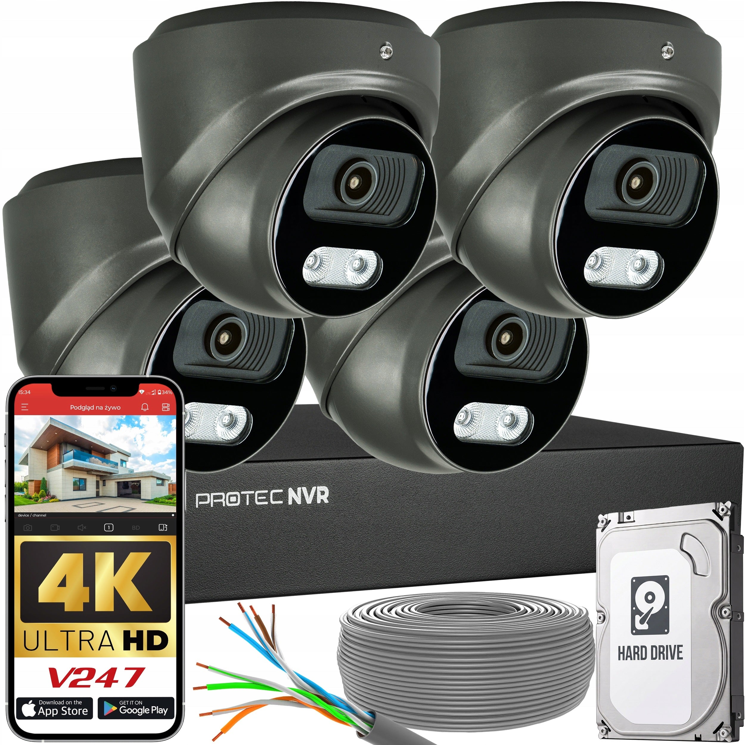 Set of 4 IP Graphite Cameras 8MP 4K POE Detection People and Vehicles HDD 1TB