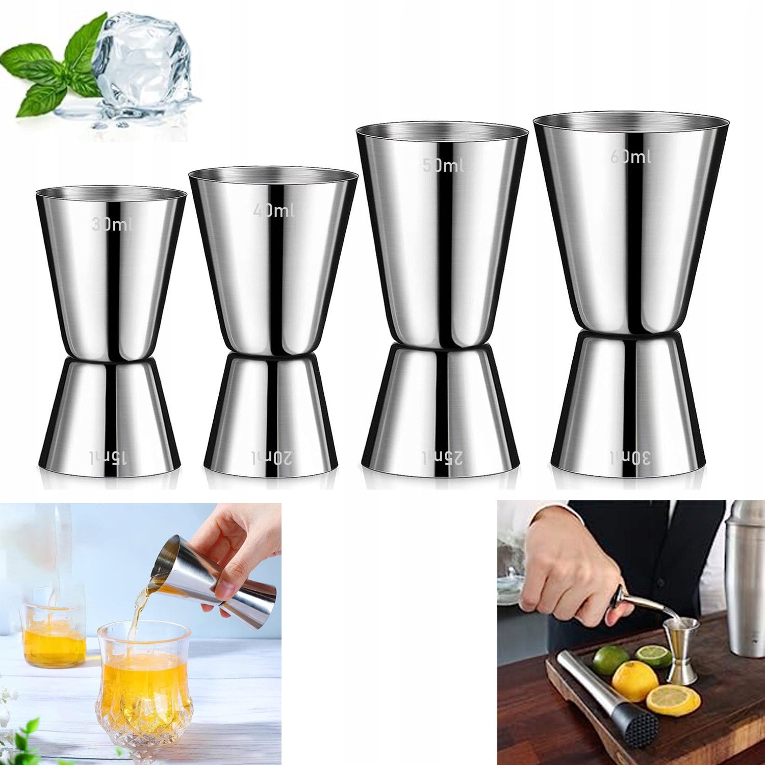 Set of 4 bartending scoops for drinks 50/25, 40/20, 60/30, 30/15 ml