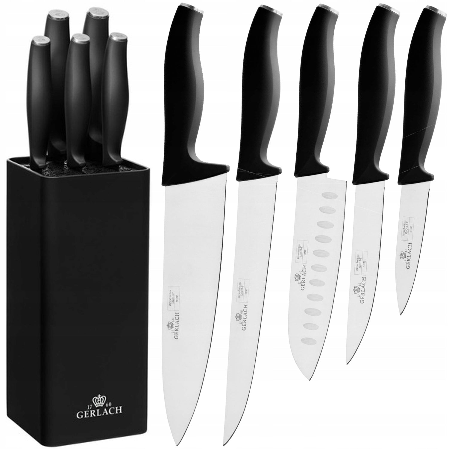Set of 5 kitchen knives in black block steel CHEF'S KNIFE Gerlach Comfort
