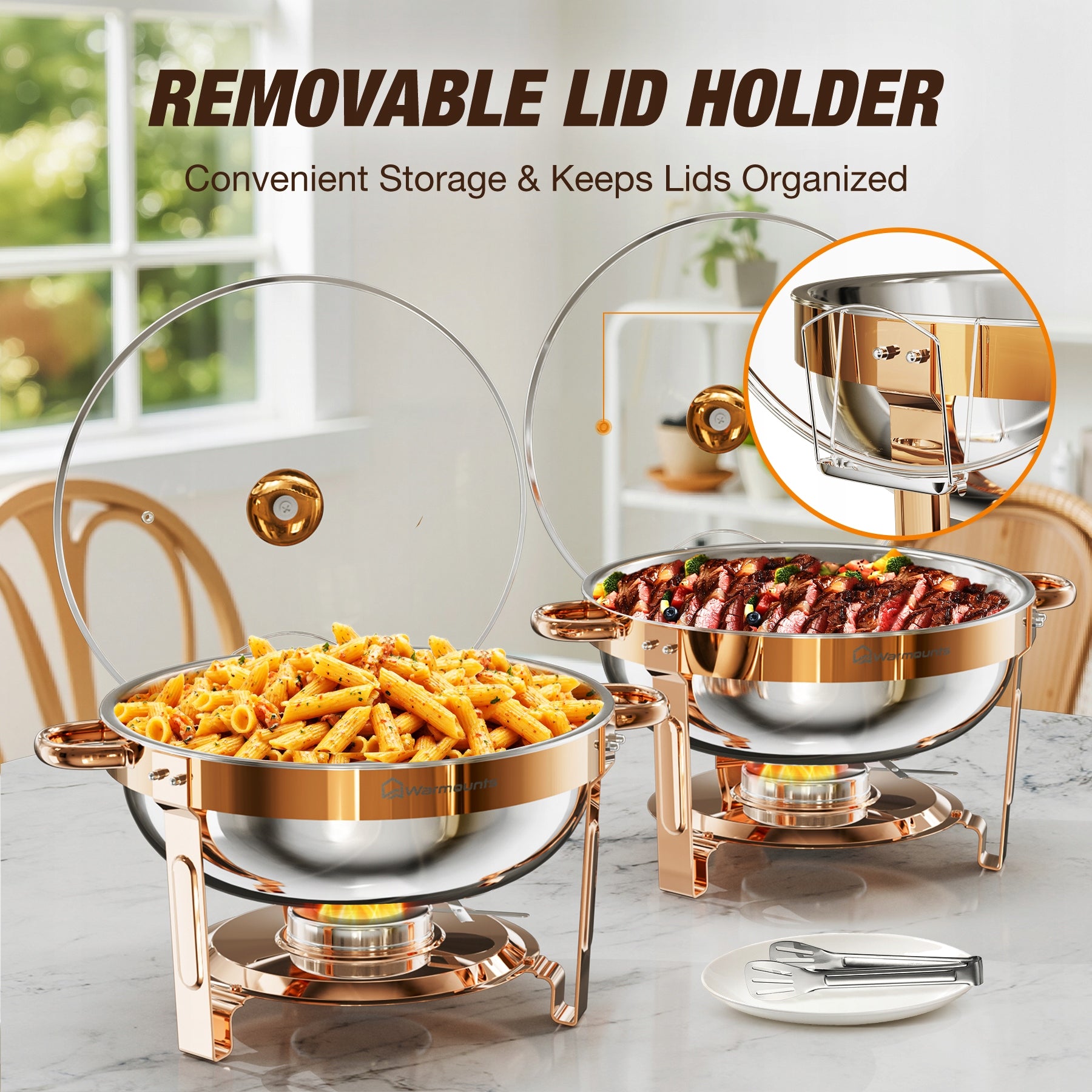 Set of 5QT Buffet Bemars 2 Pack Stainless Steel Glass Lid Model 5QT 2-Pack Chafing Dish Set Rose Gold