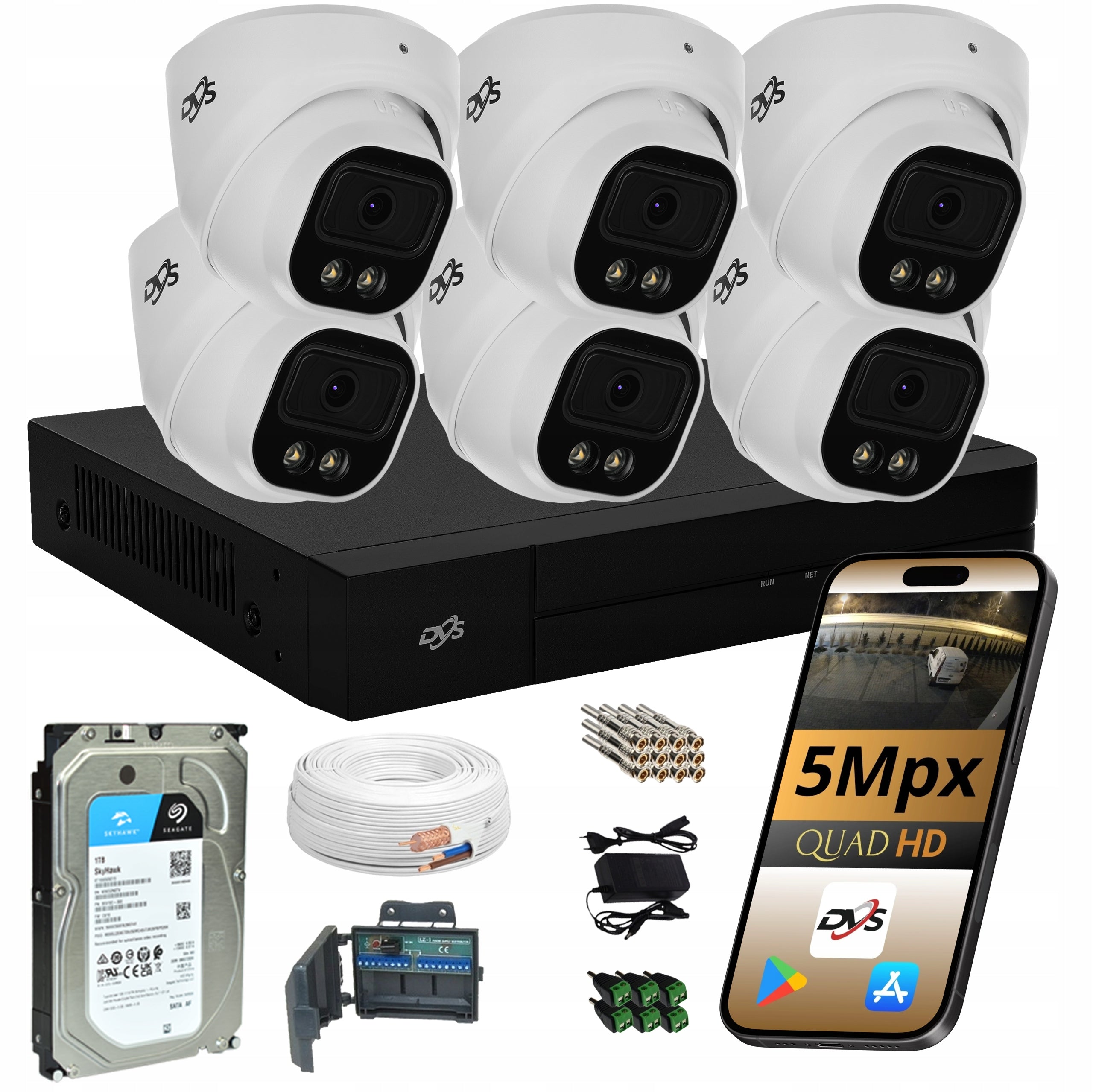 Set of 6 cameras 5mpx analog cameras for monitoring with 1TB DUAL DVS disk