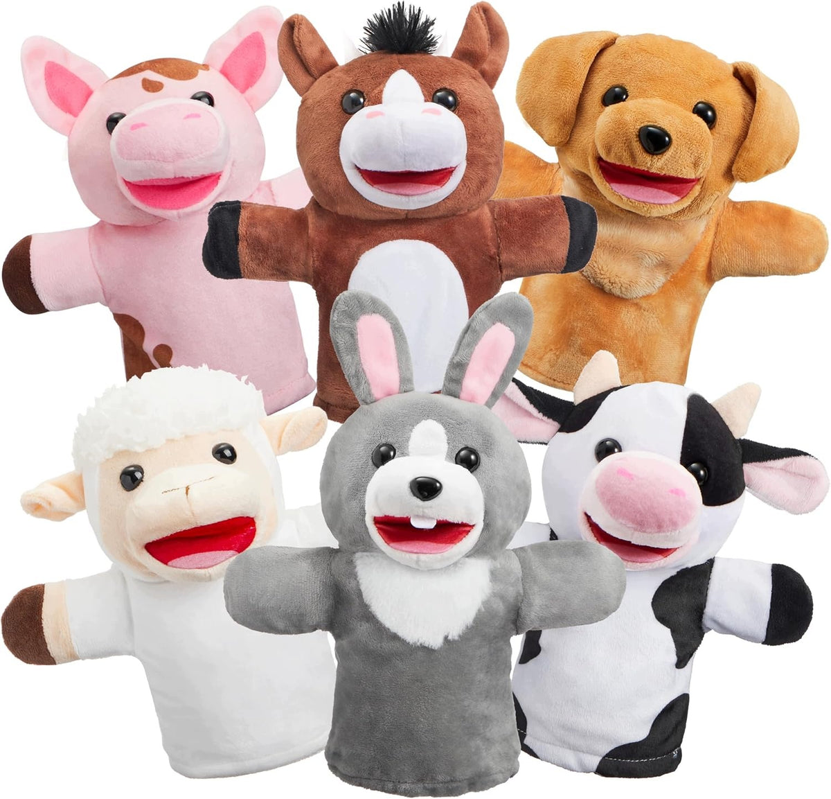 Set of 6 farm animal puppets with movable hands for children