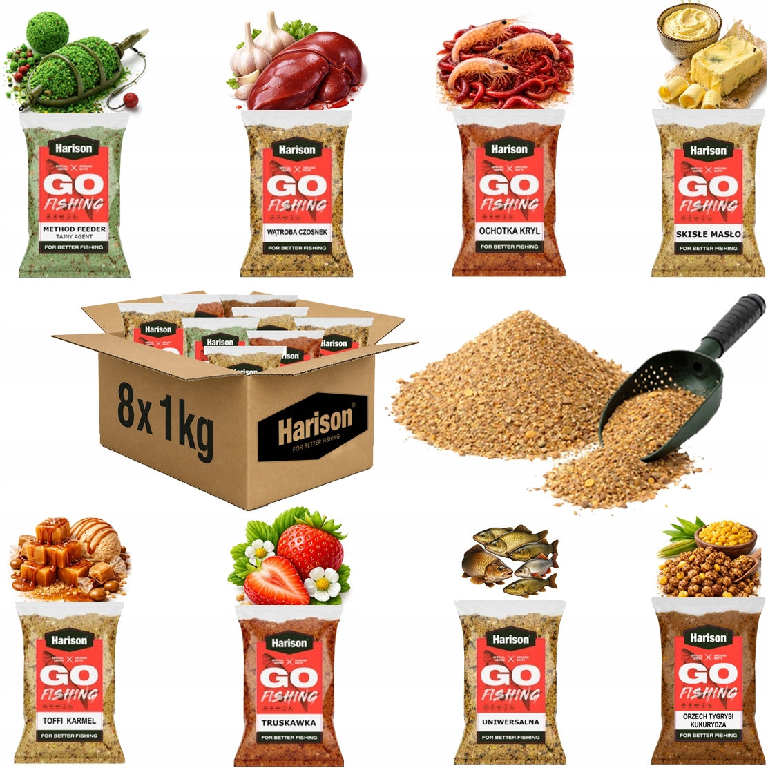 Set of 8x fishing bait 1 kg mix of flavors method feeder for carp fish 8kg