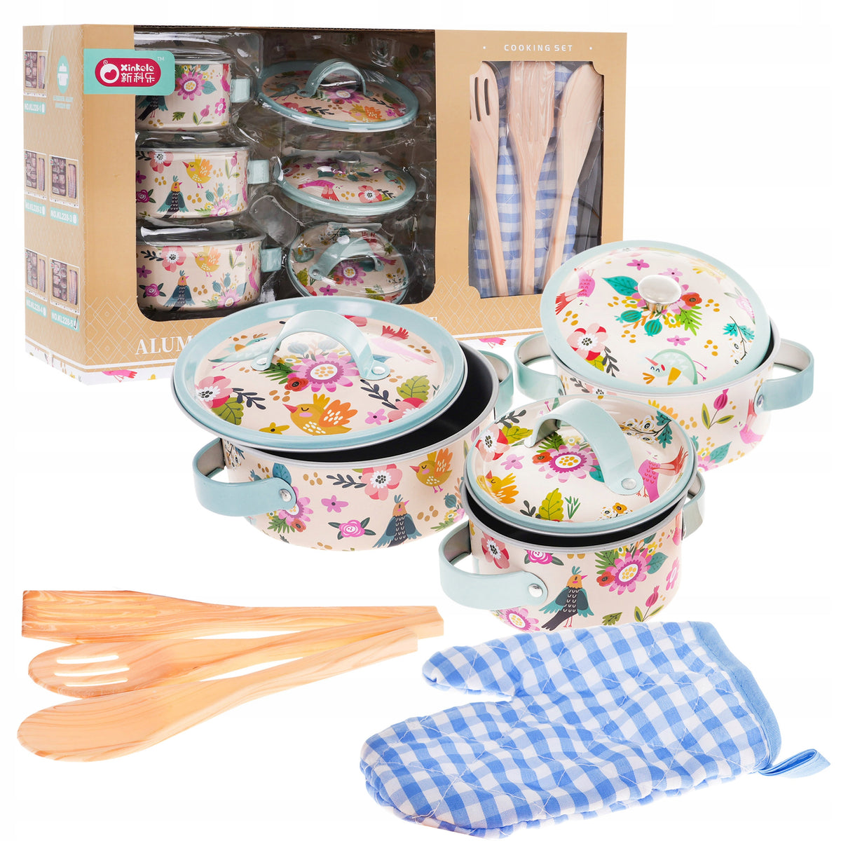 Set of Aluminum Pots for Kids 3+ Accessories 10el Utensils Glove