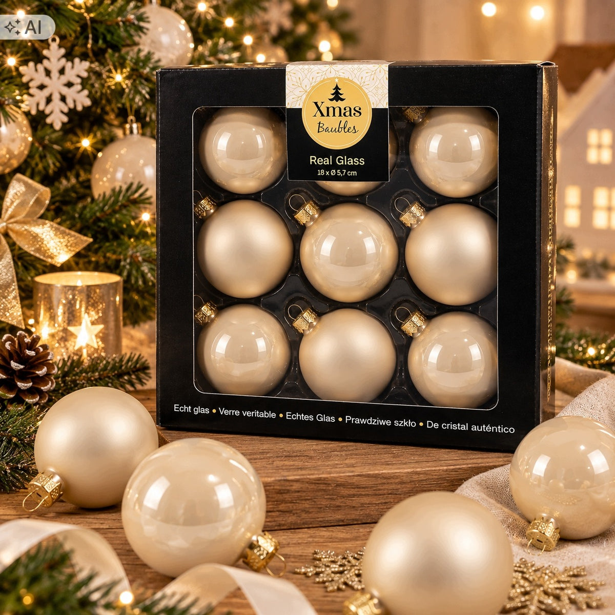 Set of Glass Christmas Tree Bombs (18 pcs) – beige 5.7 cm Packaging status original