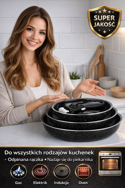Set of Granite Pans 3 pcs 20 24 28 cm Detachable Handle Induction Brand Zilner