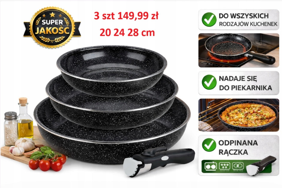 Set of Granite Pans 3 pcs 20 24 28 cm Detachable Handle Induction
