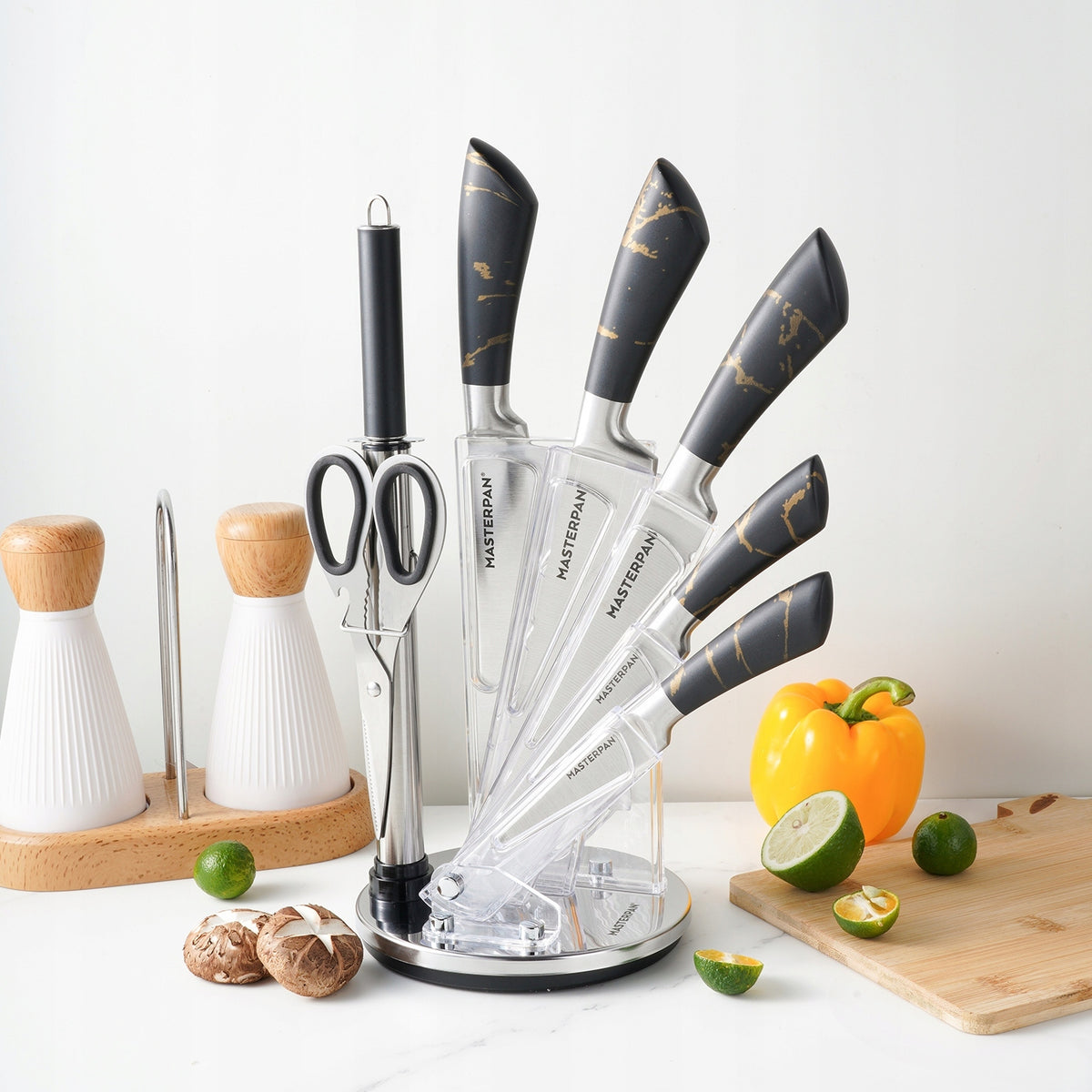 Set of Kitchen Knives in Stand 8 EL. Sharpener Scissors Brand Masterpan
