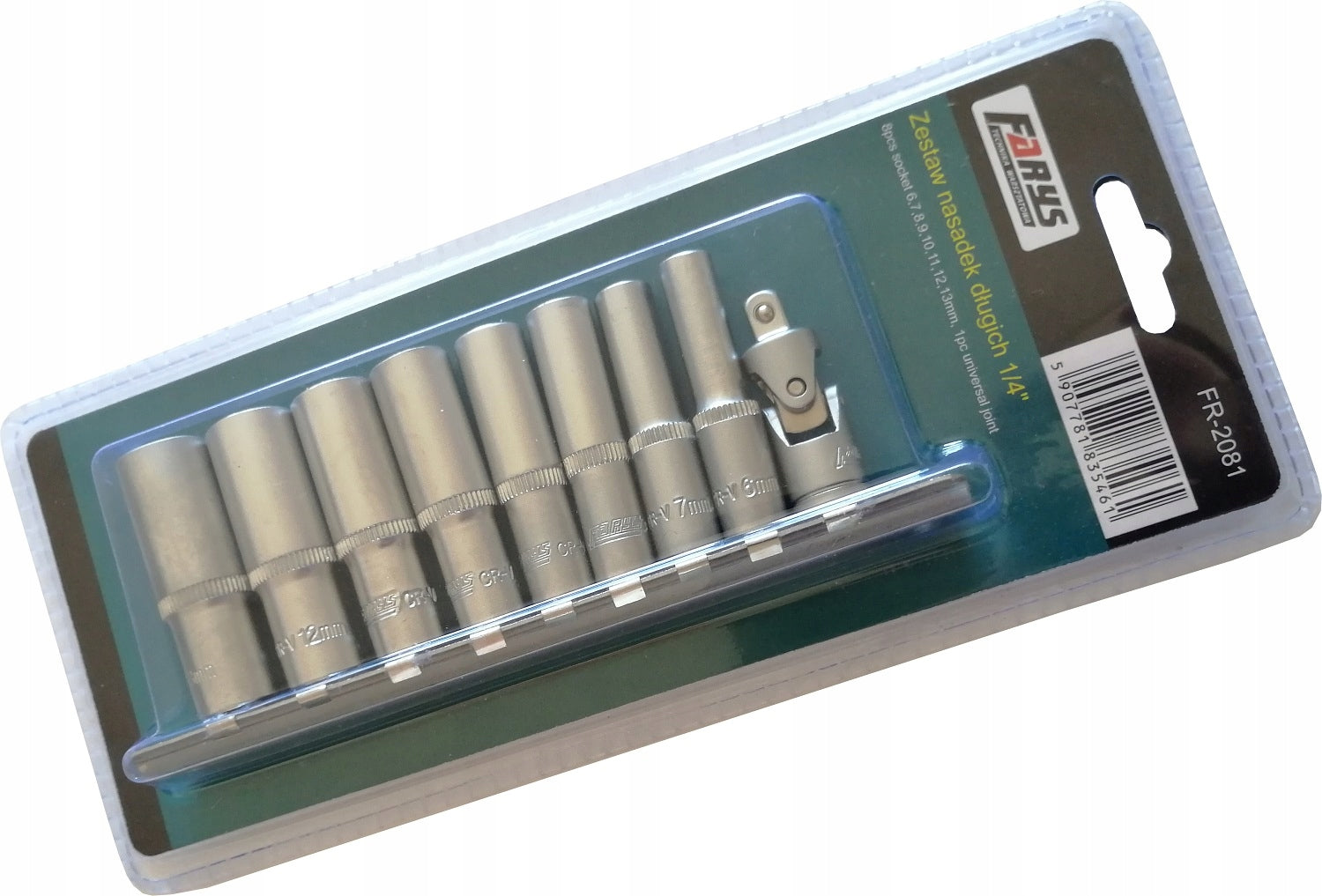 Set of Long Caps 1/4” 6 – 13 mm 6-angle + Cardan Joint Farys