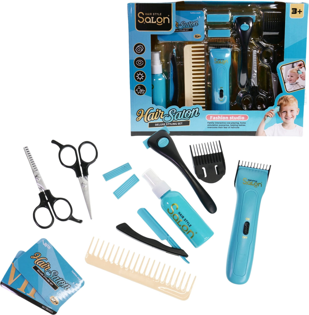 Set of Small Barber Hairdresser with Battery Operated Machine + Accessories Packaging status original