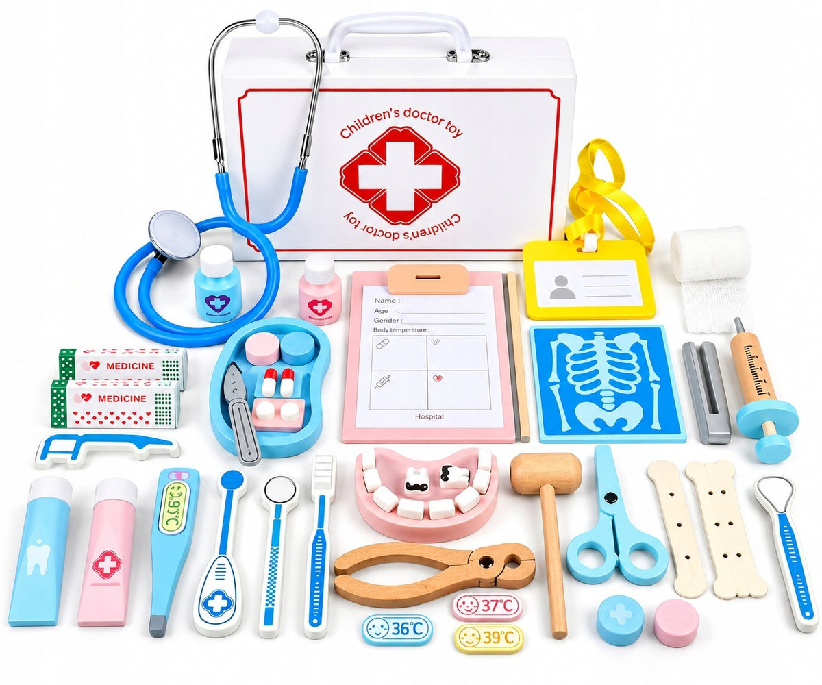 Set of Small Doctor Wooden 40 Elements Doctor Suitcase First Aid Kit