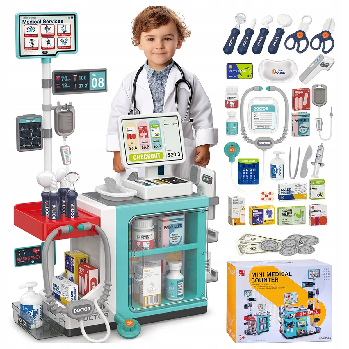 Set of Small Doctor for Children Little Doctor Pharmacy Shop Cash Register Scanner 49el