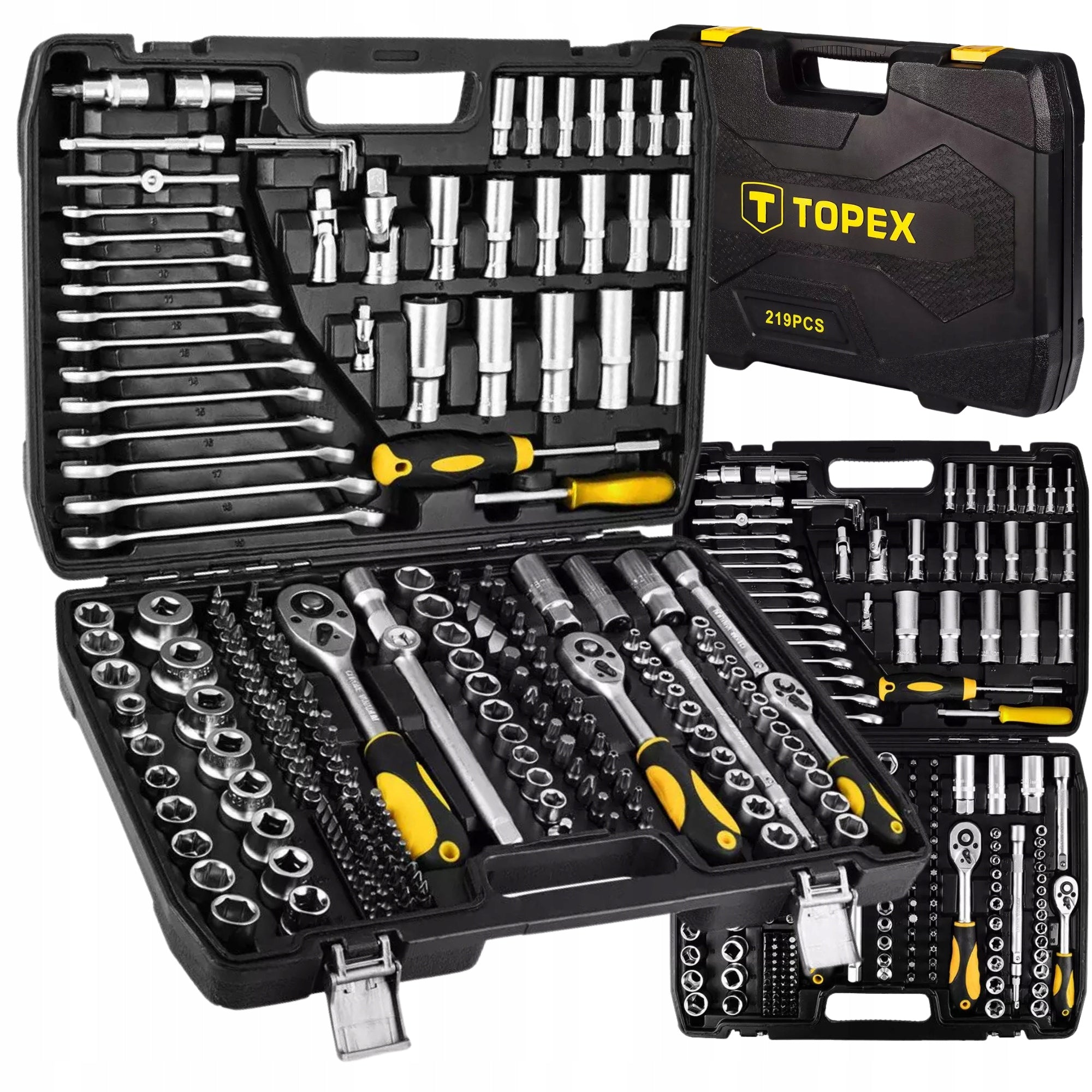 Set of Socket Wrenches Large 219 el. 1/2" 3/8" 1/4" Stainless Steel Suitcase TOPEX