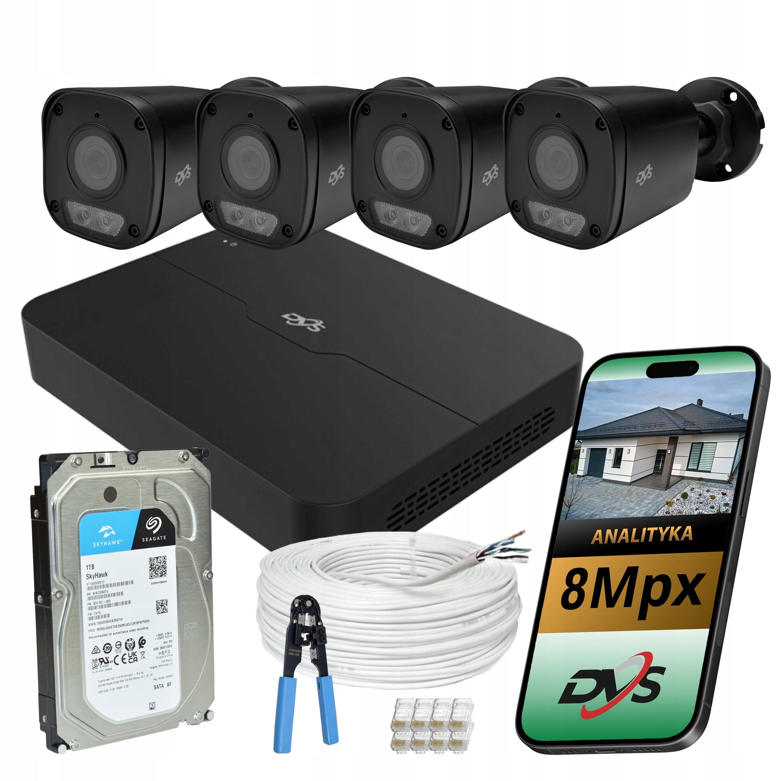 Set of black cameras for 8Mp IP PoE surveillance 4 external cameras 1TB DVS